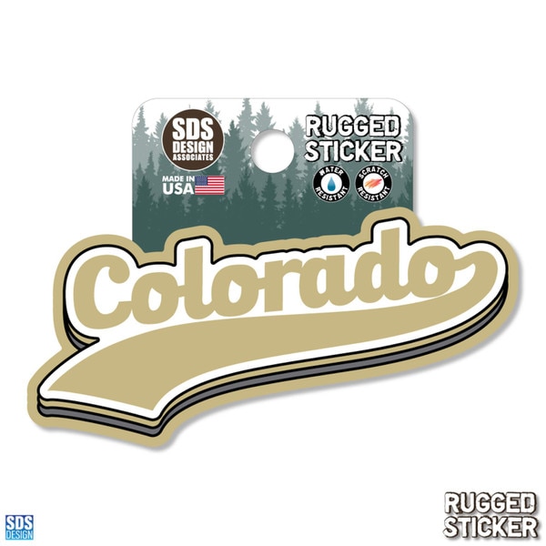 Rugged sticker with “Colorado” in bold white script over a gold swoosh design.